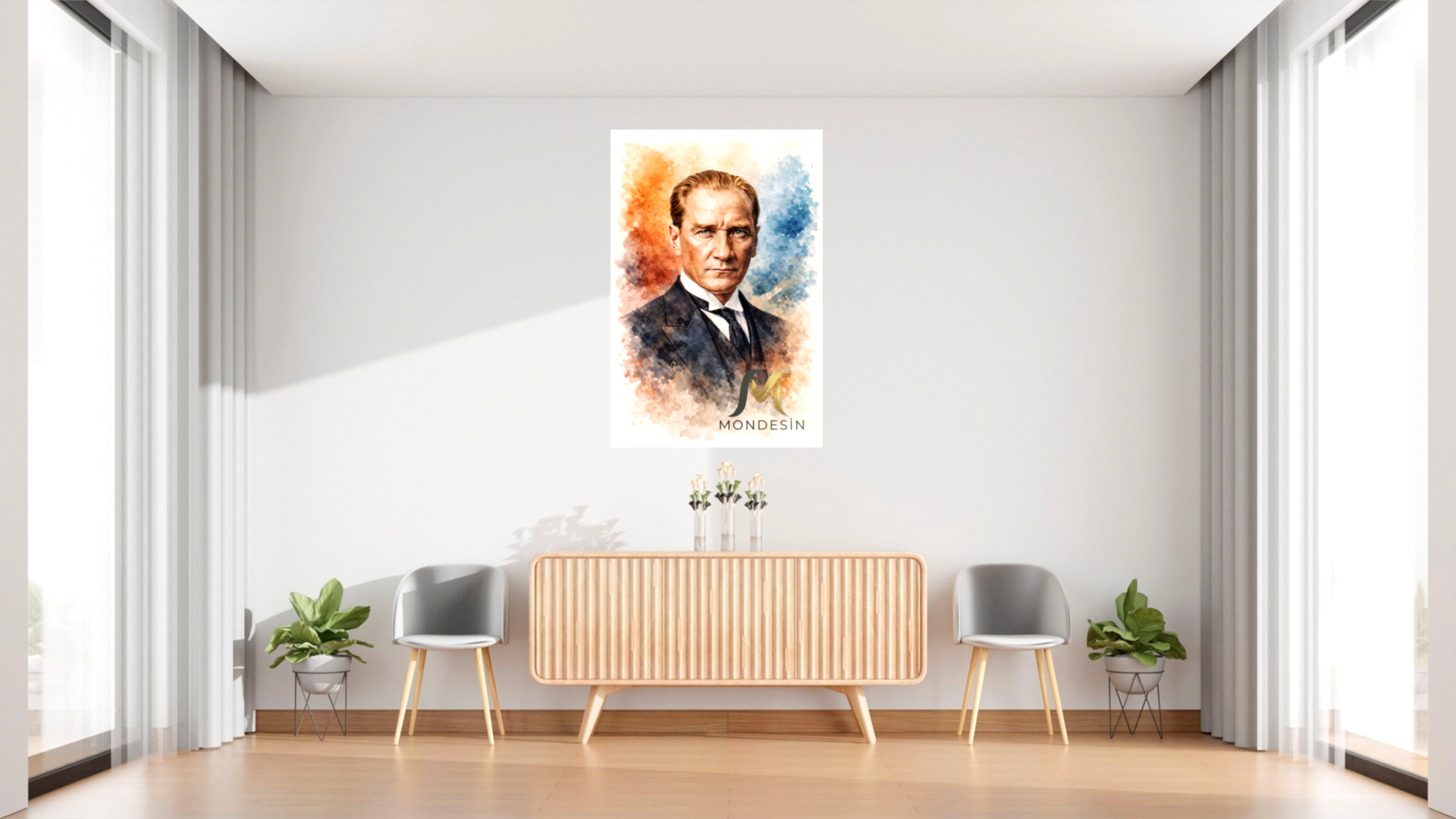 Mustafa Kemal Atatürk 44  Dikey Tablo, Yağlı Boya ve Deri Görünümlü