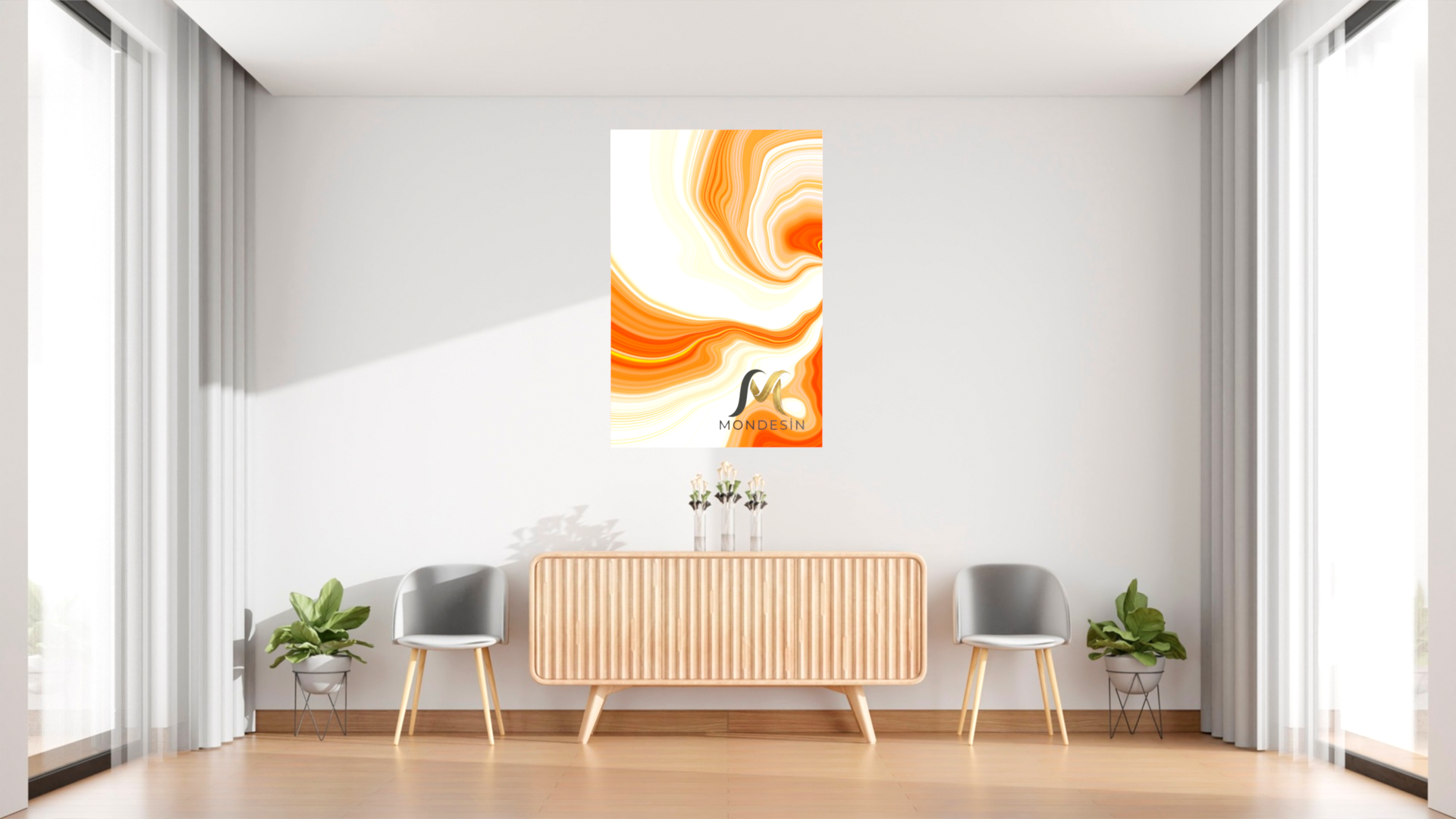 Turuncu Dalga Dikey Tablo, Yağlı Boya ve Deri Görünümlü