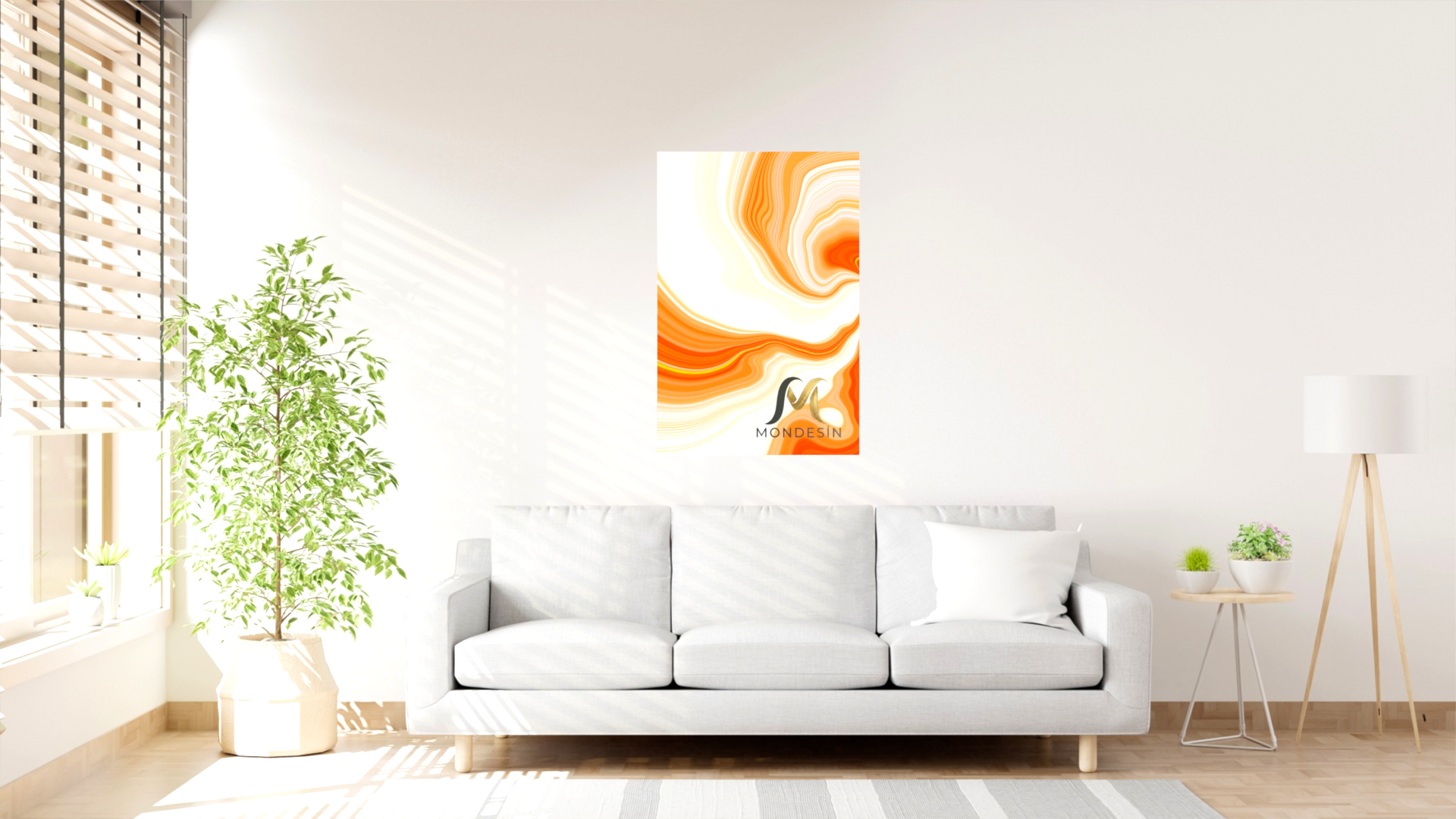 Turuncu Dalga Dikey Tablo, Yağlı Boya ve Deri Görünümlü