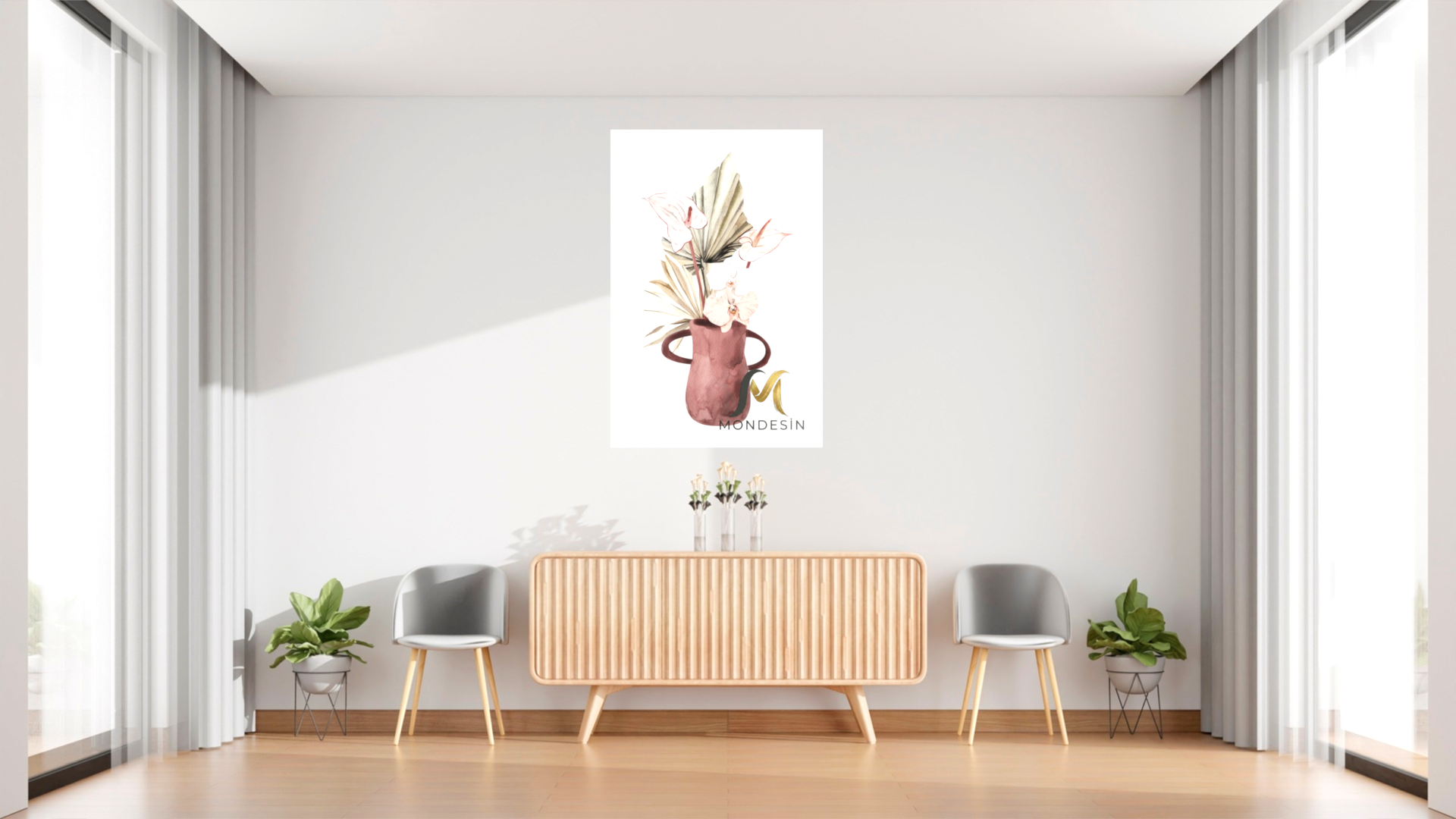 Çiçek Vazosu Pastel Dikey Tablo, Yağlı Boya ve Deri Görünümlü