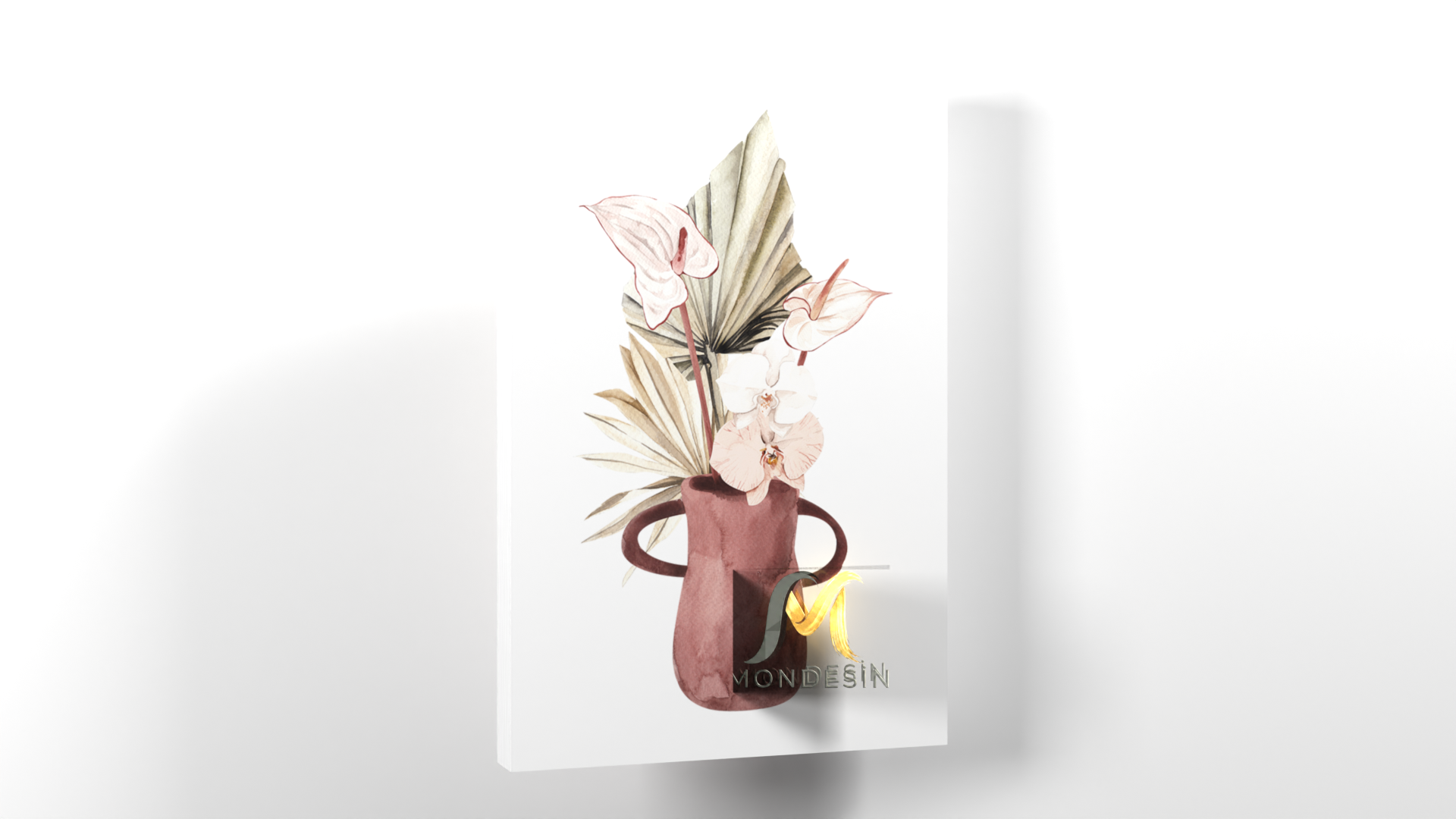 Çiçek Vazosu Pastel Dikey Tablo, Yağlı Boya ve Deri Görünümlü