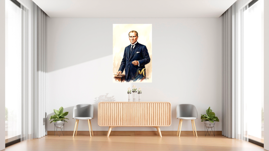 Mustafa Kemal Atatürk Ayakta Dikey Tablo, Yağlı Boya ve Deri Görünümlü