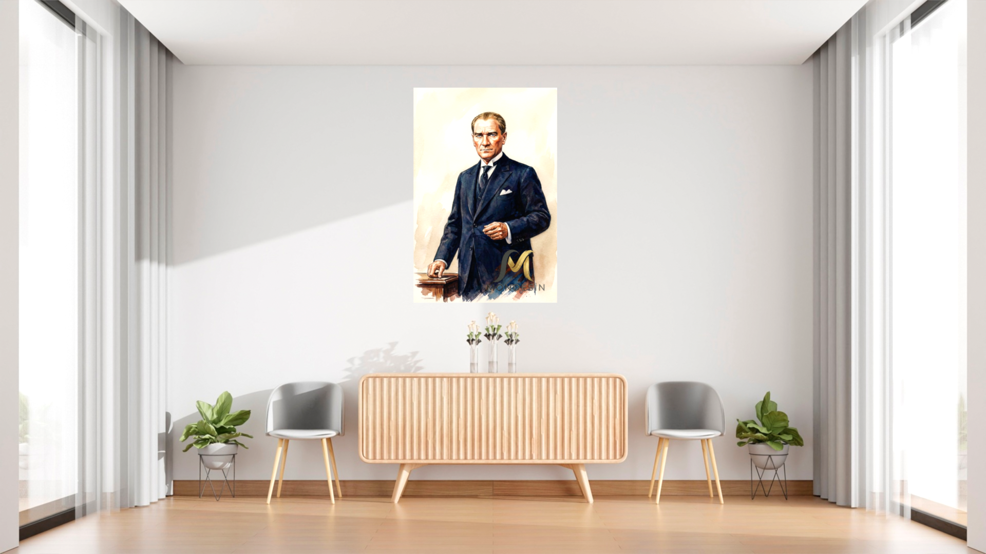 Mustafa Kemal Atatürk Ayakta Dikey Tablo, Yağlı Boya ve Deri Görünümlü