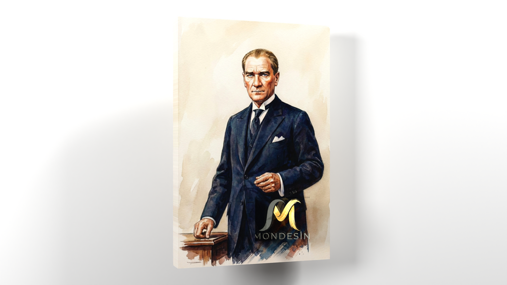Mustafa Kemal Atatürk Ayakta Dikey Tablo, Yağlı Boya ve Deri Görünümlü