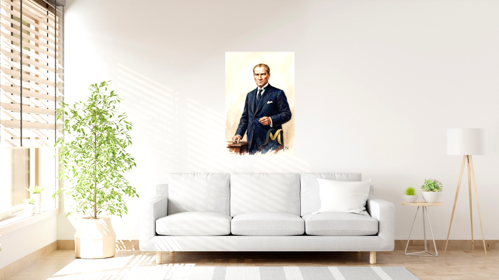 Mustafa Kemal Atatürk Ayakta Dikey Tablo, Yağlı Boya ve Deri Görünümlü
