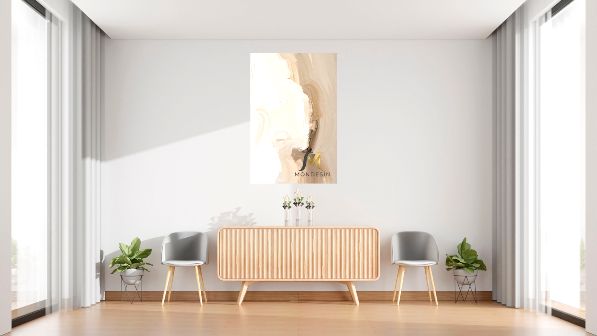 Soyut Dalga Krem Dikey Tablo, Yağlı Boya ve Deri Görünümlü