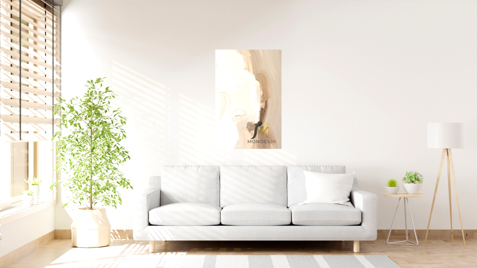 Soyut Dalga Krem Dikey Tablo, Yağlı Boya ve Deri Görünümlü