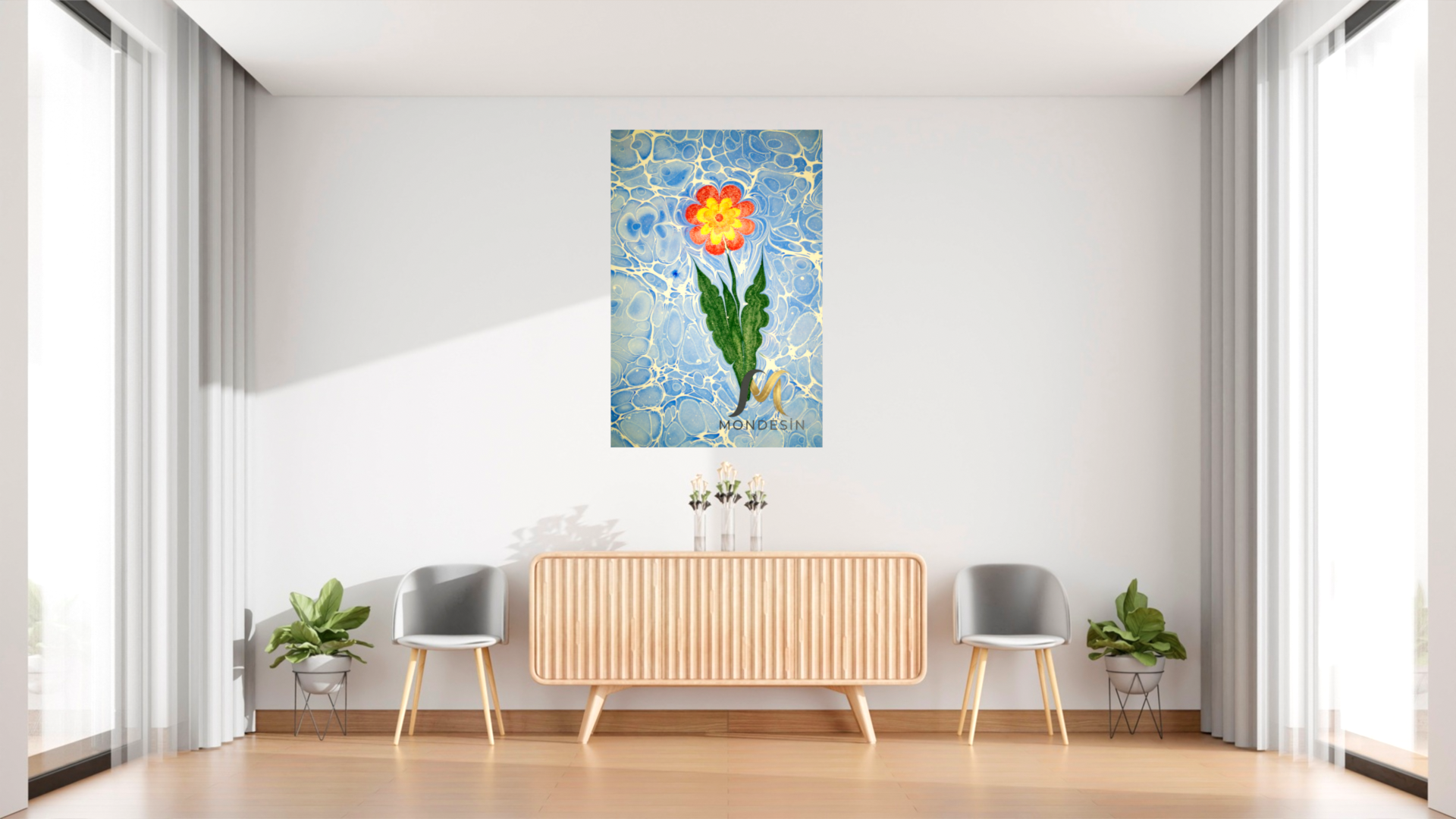 Saksıda Çiçek Su Dikey Tablo, Yağlı Boya ve Deri Görünümlü