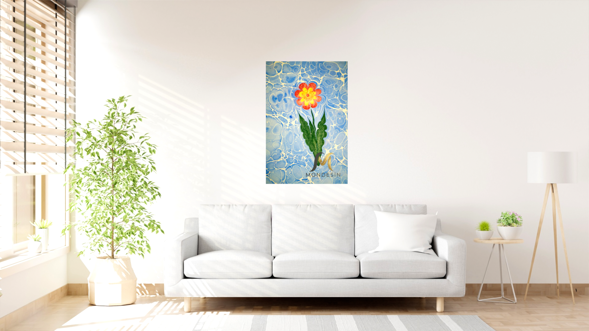 Saksıda Çiçek Su Dikey Tablo, Yağlı Boya ve Deri Görünümlü