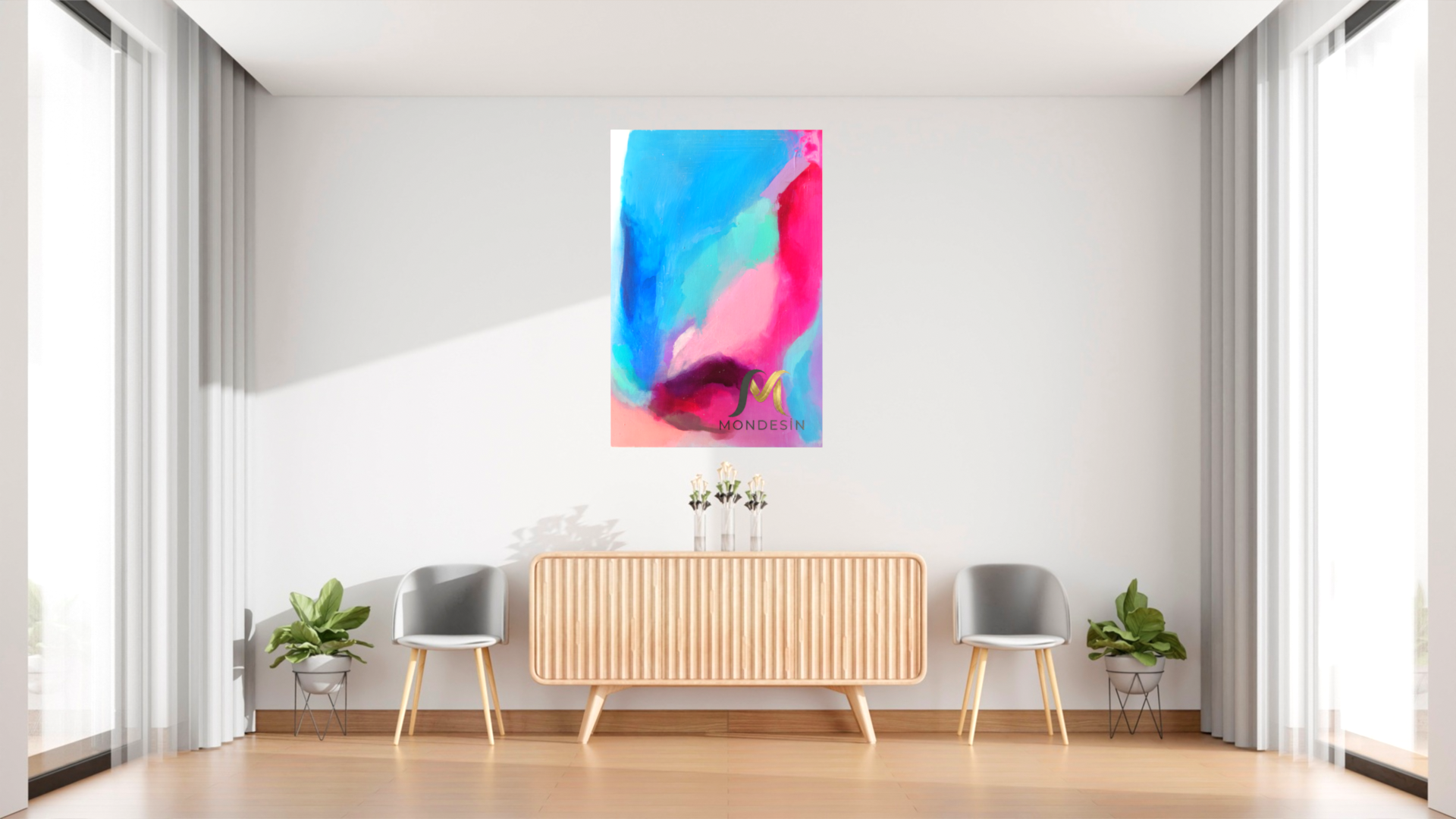 Mavi Pembe Dikey Tablo, Yağlı Boya ve Deri Görünümlü