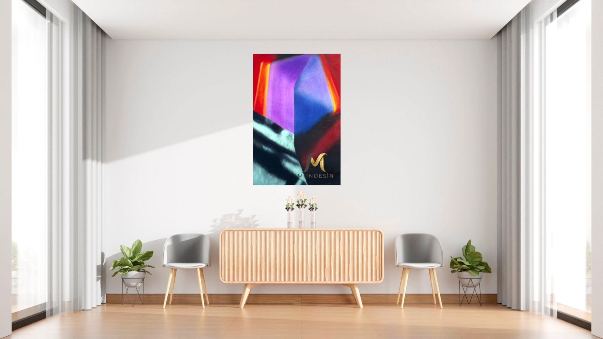 Köşeler Soyut Dikey Tablo, Yağlı Boya ve Deri Görünümlü