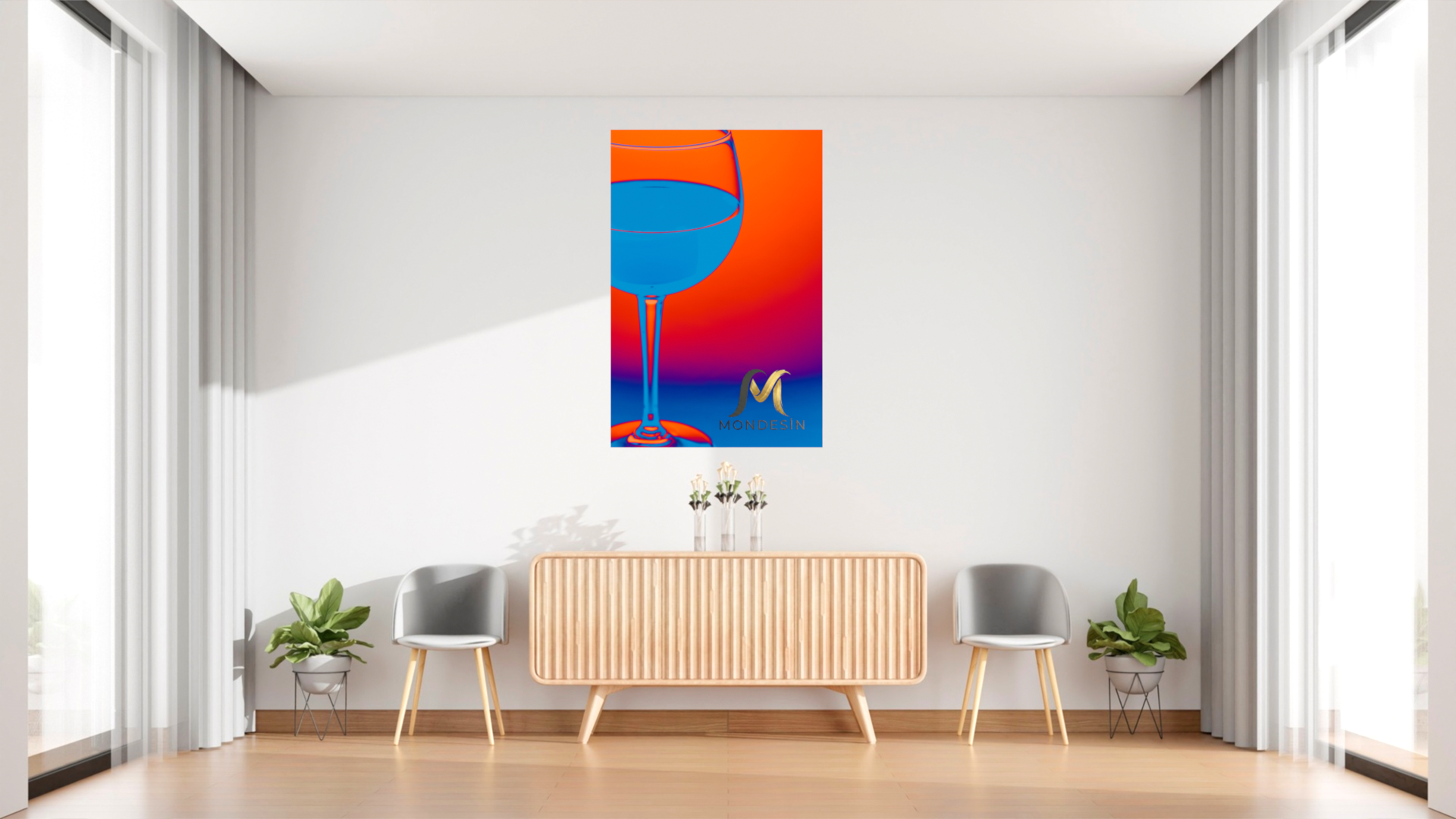 Kokteyl Bardağı Dikey Tablo, Yağlı Boya ve Deri Görünümlü