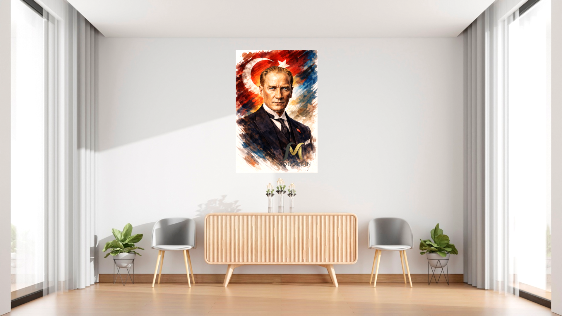 Mustafa Kemal Atatürk ve Bayrak Dikey Tablo, Yağlı Boya ve Deri Görünümlü