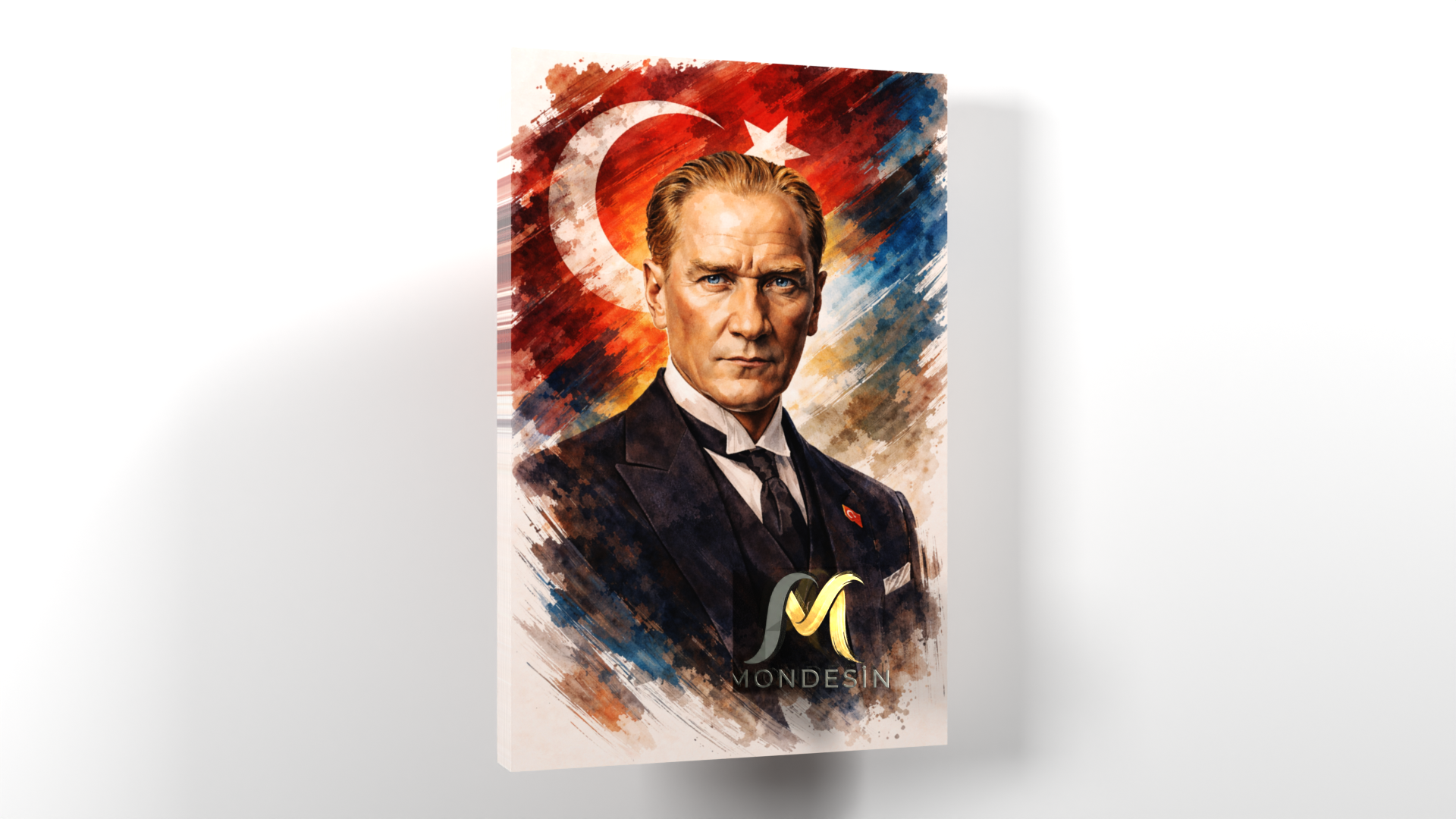 Mustafa Kemal Atatürk ve Bayrak Dikey Tablo, Yağlı Boya ve Deri Görünümlü