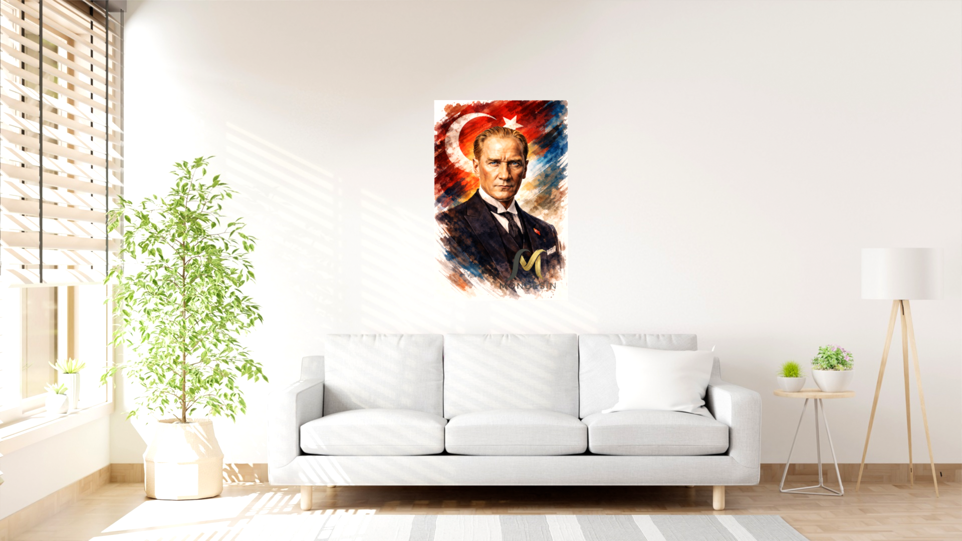 Mustafa Kemal Atatürk ve Bayrak Dikey Tablo, Yağlı Boya ve Deri Görünümlü