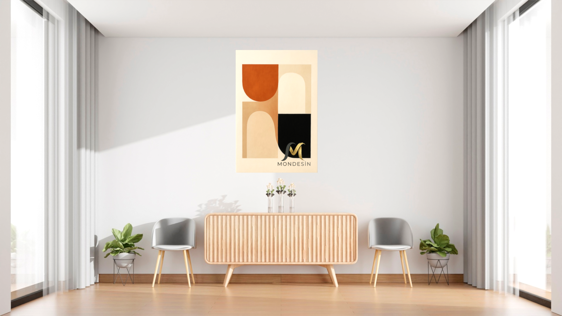 İskandinav Yuvarlaklar Dikey Tablo, Yağlı Boya ve Deri Görünümlü