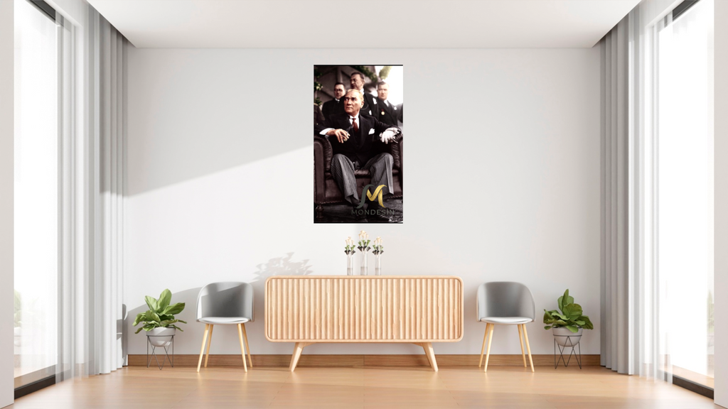Mustafa Kemal Atatürk Seated in an Armchair - Vertical Painting, Oil Painting and Leather Look.