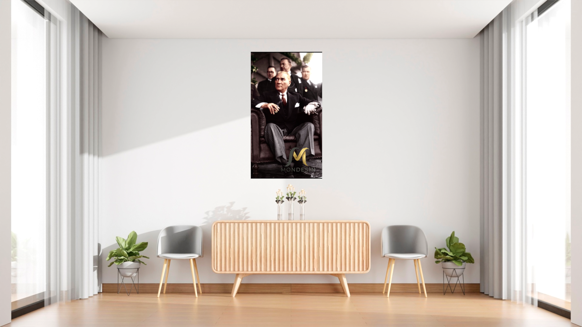 Mustafa Kemal Atatürk Koltukta Otururken Dikey Tablo, Yağlı Boya ve Deri Görünümlü