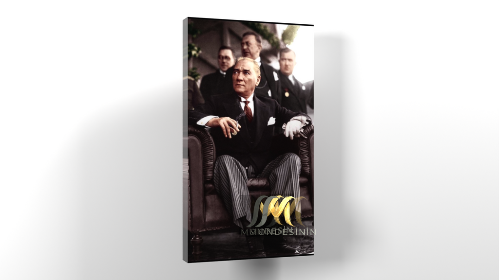 Mustafa Kemal Atatürk Seated in an Armchair - Vertical Painting, Oil Painting and Leather Look.