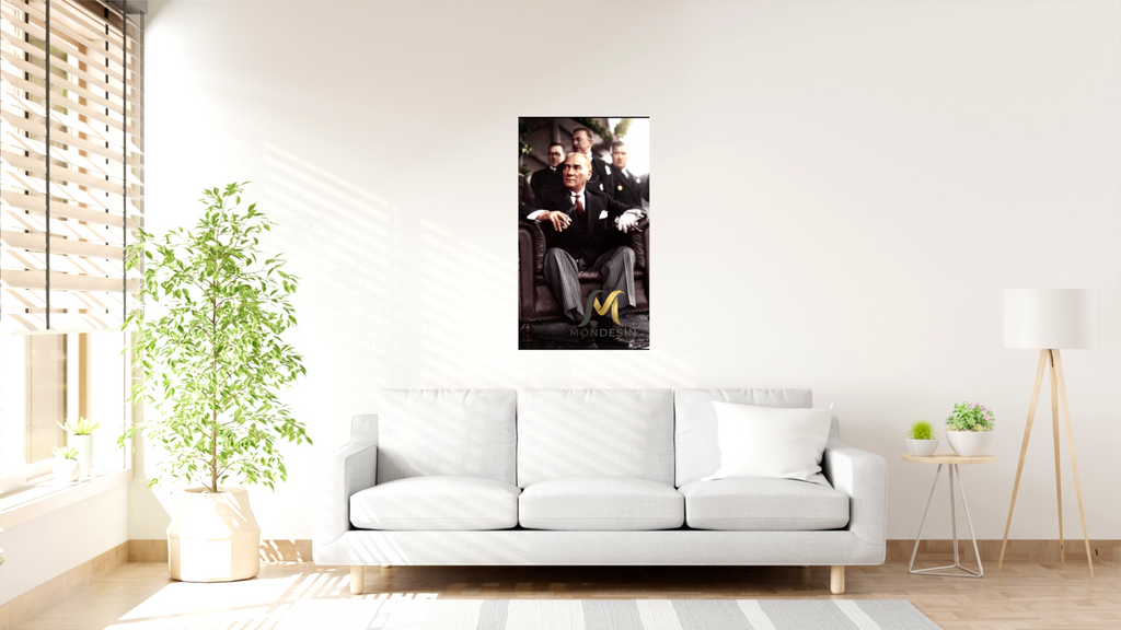 Mustafa Kemal Atatürk Seated in an Armchair - Vertical Painting, Oil Painting and Leather Look.