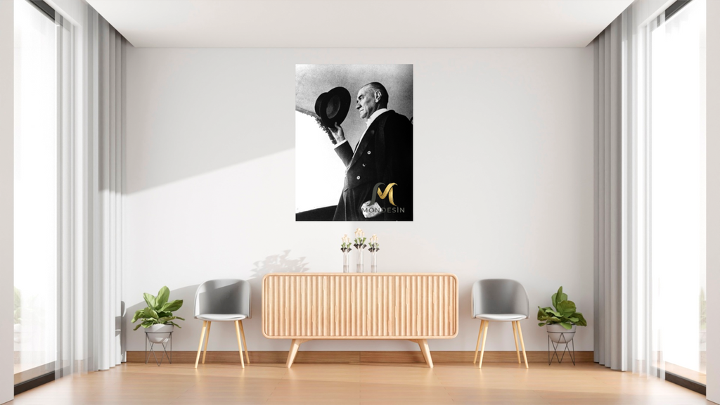 Vertical Painting of Atatürk Saluting with His Hat, Oil Painting and Leather Look