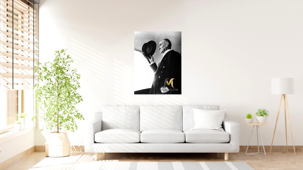 Vertical Painting of Atatürk Saluting with His Hat, Oil Painting and Leather Look