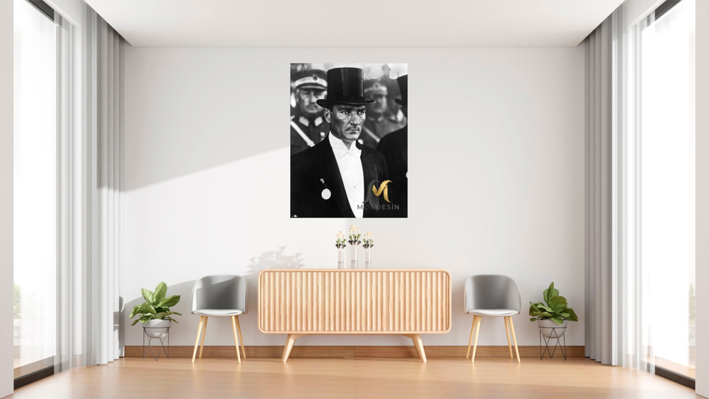 Mustafa Kemal Atatürk with Frank and Medal, Vertical Painting, Oil Painting and Leather Look.