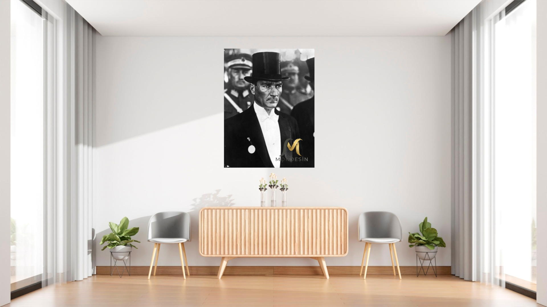 Mustafa Kemal Atatürk Frank ve Madalya Dikey Tablo, Yağlı Boya ve Deri Görünümlü