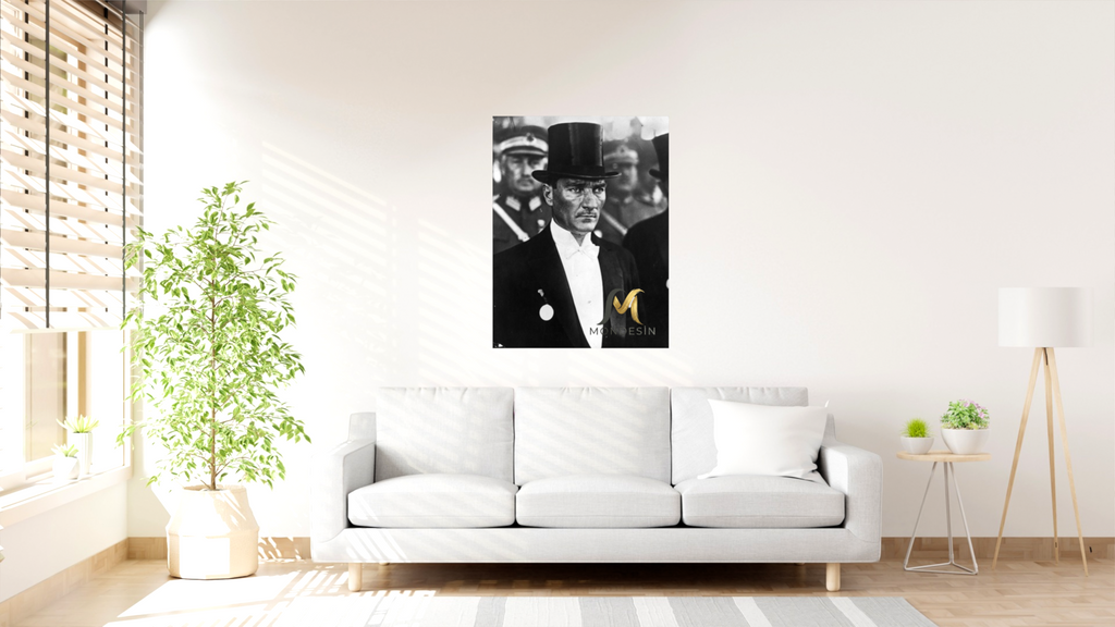 Mustafa Kemal Atatürk with Frank and Medal, Vertical Painting, Oil Painting and Leather Look.